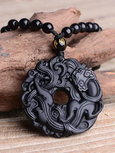 Vista 5 de Collar de amuleto de paz, de obsidiana natural, con cadena de cuentas ajustable para hombres y hombres