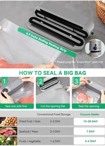 Vista 6 de Mini sellador al vacío, 3 en 1, sellador al vacío de mano inalámbrico para almacenamiento de alimentos secos/húmedos con 4 bolsas de aperitivos, Gris