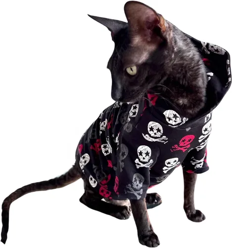 Vista 3 de Sudadera con capucha de gato calaveras en negro 100% algodón para Sphynx y gatos desnudos (grande)