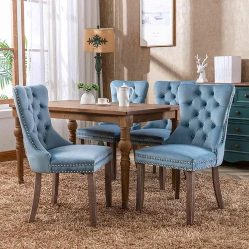 Vista 18 de Juego de 2 sillas de comedor con respaldo de ala de terciopelo copetudo, sillas laterales tapizadas, patas de madera maciza (beige)
