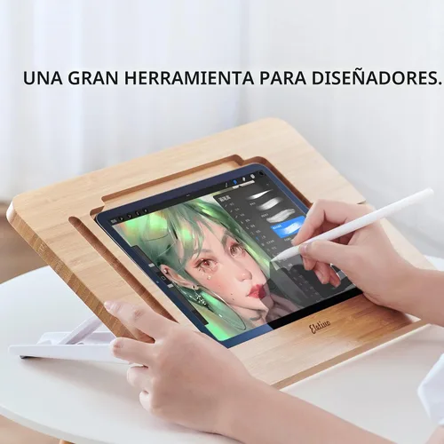 Vista 7 de ELETIUO Soporte ajustable para tablet con ranura para lápiz y cable de cargador, soporte de madera de bambú con múltiples ángulos, organizador