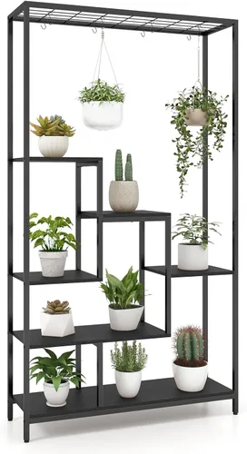 Vista 9 de Soporte para plantas de 6 niveles para interiores, soporte para plantas de 70.9 pulgadas de alto con 10 ganchos colgantes en S, estante de metal