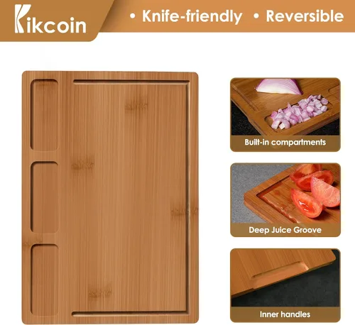 Vista 2 de Kikcoin Tabla de cortar de bambú para cocina, (juego de 3) tabla de cortar de cocina con 3 compartimentos integrados y ranura para jugos, bandeja