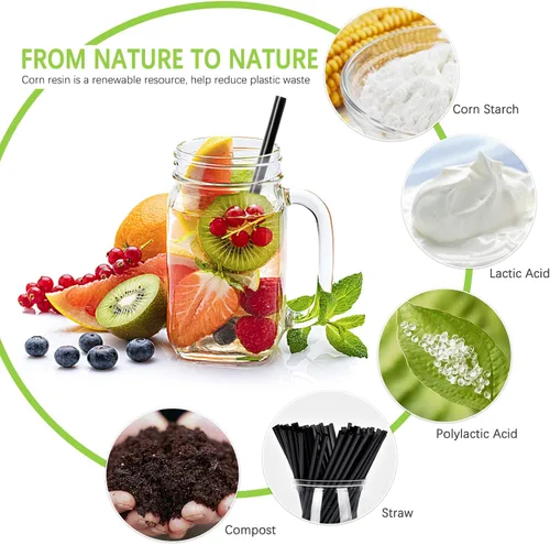 Vista 3 de 100 popotes desechables de ácido poliláctico sin plástico, pajitas biodegradables a base de plantas de maíz, sin BPA, compostables, pajitas