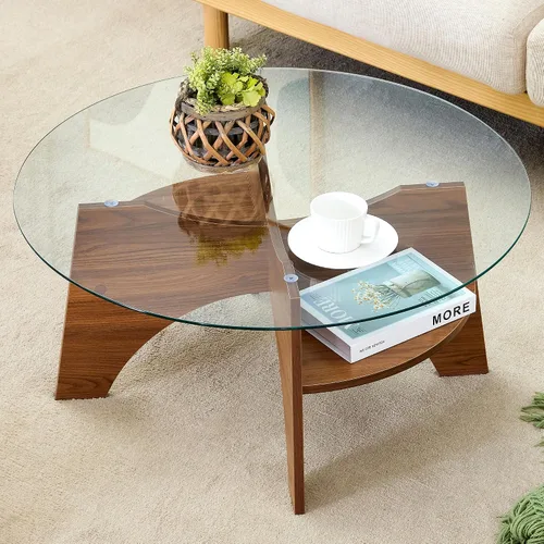Vista 10 de Mesa de centro ovalada de vidrio de 48 pulgadas con cruz de vidrio templado y base de madera maciza, mesa central simple y moderna para sala
