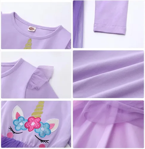 Vista 6 de Vestido de fiesta de cumpleaños de princesa de manga larga con estampado de unicornio, reno y arco iris, ropa de invierno y otoño