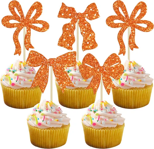Vista 8 de Ephlyn 24 adornos para cupcakes con lazo para decoración de pastel de cumpleaños, decoración de fiesta de cumpleaños para niñas, decoración de Negro