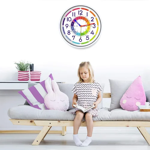Vista 4 de Reloj de pared para niños, reloj de pared silencioso de 12 pulgadas para niños, reloj de pared decorativo de cuarzo silencioso sin tictac para aulas