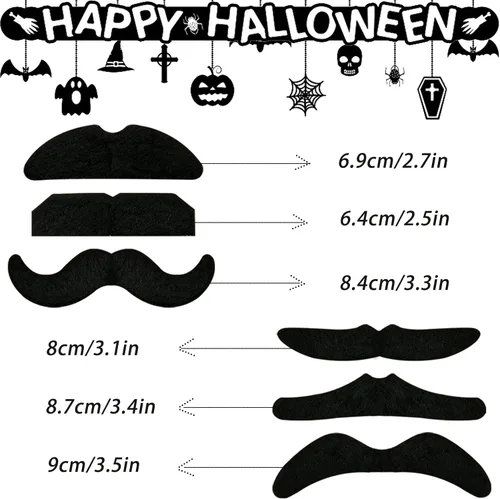 Vista 2 de OJYUDD 48 piezas de bigotes falsos autoadhesivos disfraz de bigotes novedoso pelo facial de barba falso para Halloween fiesta suministros de fiesta