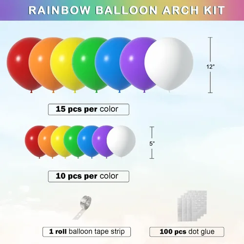 Vista 2 de Kit de arco de globos de arco iris: 175 globos de fiesta, globos para fiesta de cumpleaños, globos de colores surtidos, globos de fiesta para niños
