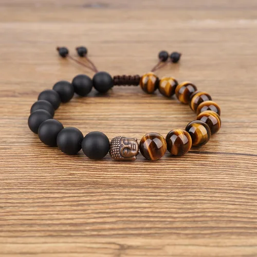 Vista 4 de COAI Pulsera de oración con cabeza de Buda de piedra para hombre y mujer