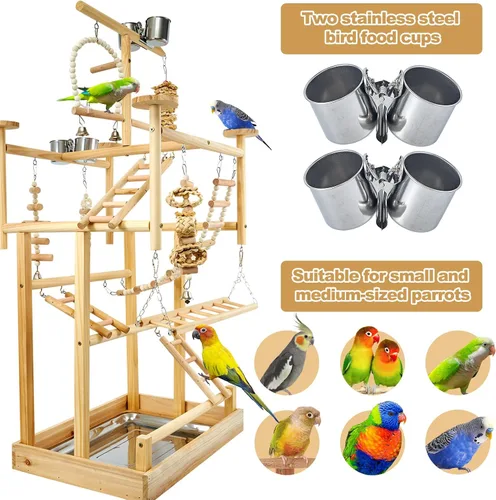 Vista 4 de LIMIO Parque de Juegos para Pájaros - Soporte de Juego de Madera Natural para Loros con Perchas, Gimnasio de Juego para Pájaros y Accesorios