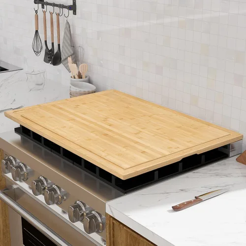 Vista 6 de Tabla de cortar de bambú de 36 x 24 pulgadas, bloque de carnicero extragrande 4XL con ranura para jugo y mango antideslizantes, cubierta de estufa