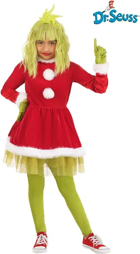 Vista 2 de Delightful Girl's Exclusive Dr. Seuss The Grinch Costume Dress, Holiday Outfit with White Fur Trim Accents