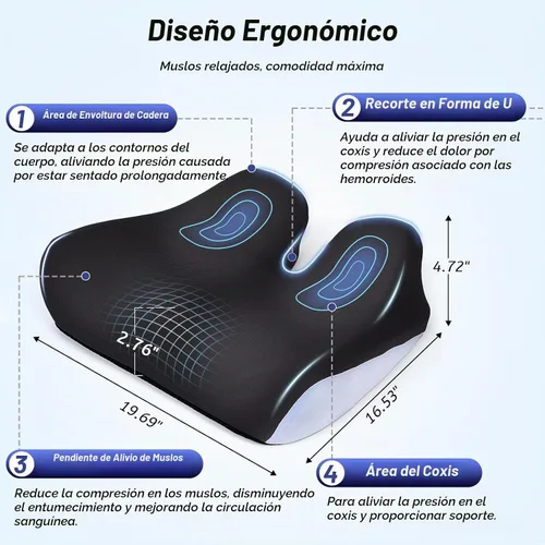 Vista 2 de Cojín de asiento extra grande para aliviar el dolor de coxis, cojín ergonómico para silla de oficina, cojín de espuma viscoelástica para coxis