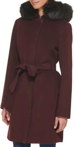 Vista 5 de Cole Haan Abrigo con capucha para mujer de lana con ribete de piel sintética desmontable