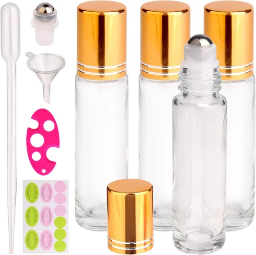 Vista 14 de inice 100 botellas de roll-on de 10 ml de vidrio ámbar para aceites esenciales con bolas de rodillo de acero inoxidable y tapa de aleación