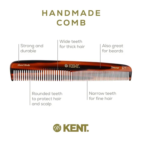 Vista 4 de Kent 9T Peine de dientes finos y dientes anchos de caparazón de tortuga - Gran peine de vestir de cabello fino hecho a mano y cortado con sierra