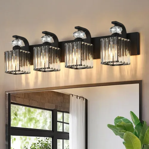 Vista 24 de Lámpara Moderna de Tocador de Baño, Luminarias de Baño de 4 Luces Negro Dorado Sobre Espejo, Aplique de Pared de Cristal de 28.4