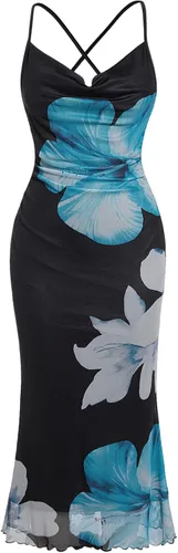 Vista 19 de SOLY HUX Vestido de malla floral para mujer, vestido largo para cóctel Estampado floral multicolor.
