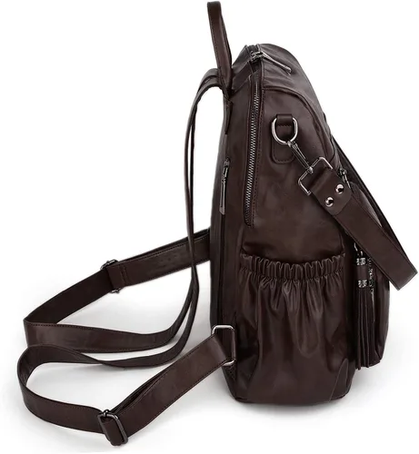 Vista 6 de UTO Mochila de cuero vegano para mujer, diseño de moda, convertible con borla, para viajes, con borla