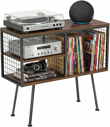 Vista 13 de Record Player Stand with Storage Holds 100+ Vinyl Records, Industrial Turntable Stand with Storage Shelf, LP Album Organizer Cabinet for Small Negro