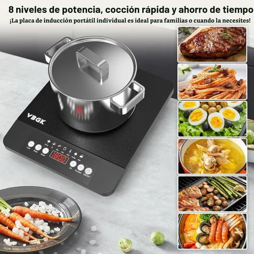 Vista 3 de VBGK Placa de Inducción de Quemador Único, Placa de Inducción Portátil de 1800 W, Placa Caliente de 110 V con Sensor LCD Táctil, 7 Niveles