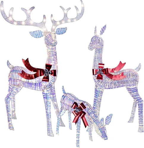 Vista 7 de Decoraciones navideñas para exteriores, familia de renos, decoración navideña iluminada, ciervos iridiscentes, 3 piezas con luces LED, cable