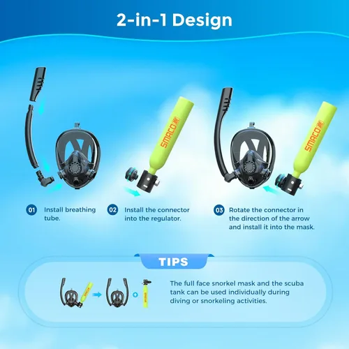 Vista 6 de SMACO Mini tanque de buceo con máscara de esnórquel 0.5L tanque de buceo pequeño portátil con máscara de buceo de cara completa, reutilizable