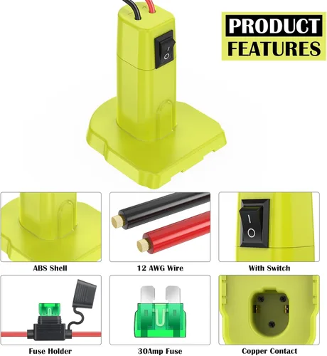Vista 3 de Adaptador de ruedas eléctricas para Ryobi Adaptador de batería de 18 V, kit de convertidor de batería con fusible, interruptor y conector de arnés