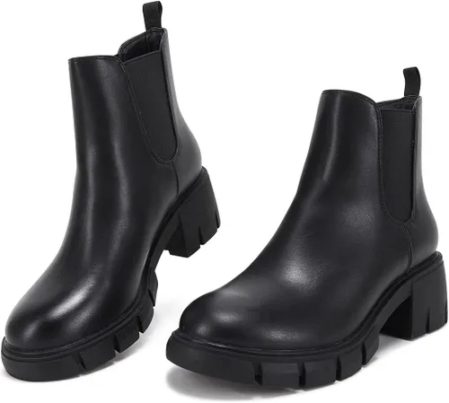 Vista 2 de Botas de estilo botas de combate de cuero y con plataforma y tacón grueso, tipo Chelsea, para mujer, hasta el tobillo