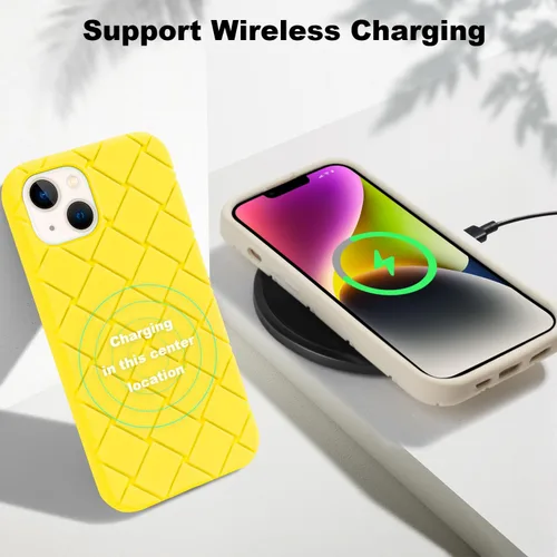 Vista 6 de bicol Funda para iPhone 13 con bonito diseño de celosía de rejilla, protector de pantalla de cristal, ajuste delgado, suave, a prueba de golpes Limón