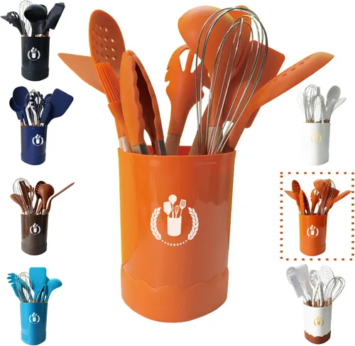 Vista 7 de Juego de utensilios de cocina de silicona negra, juego de utensilios de cocina de silicona resistente al calor con mango de madera, cucharas