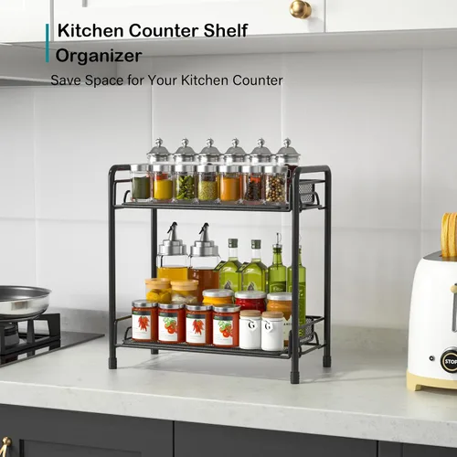 Vista 5 de Organizador de estación de café para encimera, organizador de barra de café, estantes de accesorios para encimera de cocina de 2 niveles (negro)