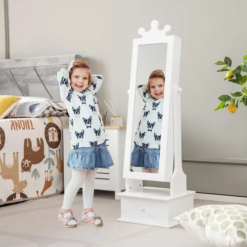 Vista 8 de GOFLAME Armario de joyería para niños, armario de joyería para niños con espejo de longitud completa y cajones de almacenamiento, organizador