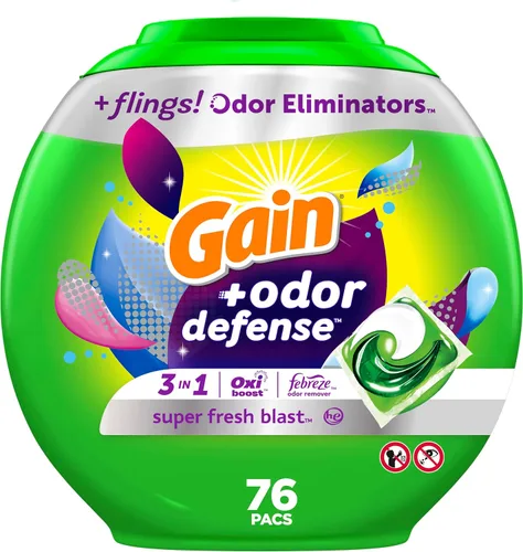 Vista 10 de Gain Flings cápsulas de detergente para lavandería con defensa contra el olor, 60 unidades, aroma Super Fresh Blast, cápsulas de detergente HE 3en1