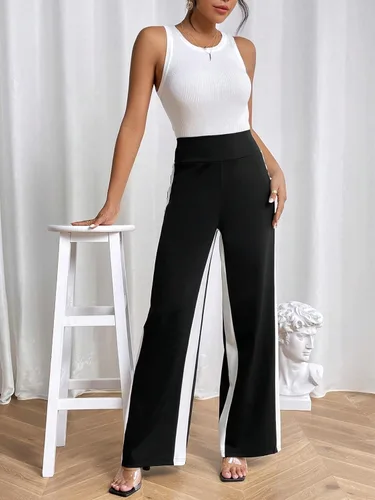 Vista 5 de SOLY HUX Pantalones largos casuales de cintura alta con rayas laterales para mujer