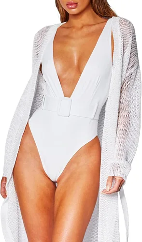 Vista 5 de Avanova Traje de baño sexy de una pieza con cuello en V profundo para mujer, traje de baño con tirantes delgados y cinturón, blanco, talla S, Blanco