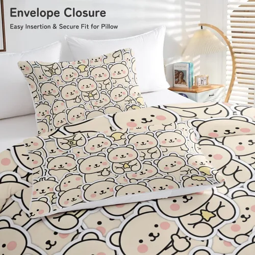 Vista 3 de Juego de funda de edredón de oso lindo tamaño individual, 3 piezas, ropa de cama suave y neutra calmante y acogedora, juego de funda de edredón