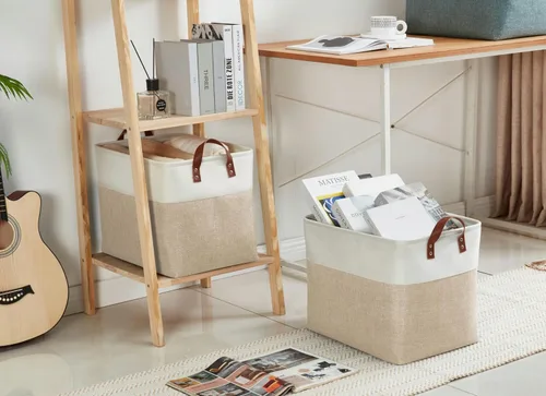 Vista 8 de DECOMOMO Cestas de almacenamiento extra grandes, contenedores de almacenamiento de tela con asas para organizar estantes, juguetes, guardería, Beige