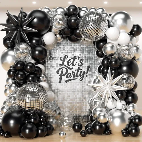 Vista 7 de Kit de 153 globos negros y blancos arena, guirnalda en forma de arco, globos de diferentes tamaños de 18, 12, 10 y 5 pulgadas, confeti negro, crema