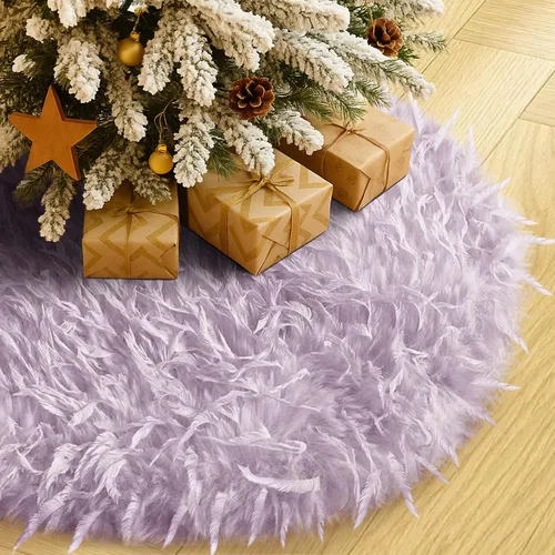Vista 7 de Falda de Árbol de Navidad de 24 Pulgadas - Falda de Árbol de Piel Sintética Esponjosa Beige Blanca, Decoración Navideña de Felpa de Color Toka