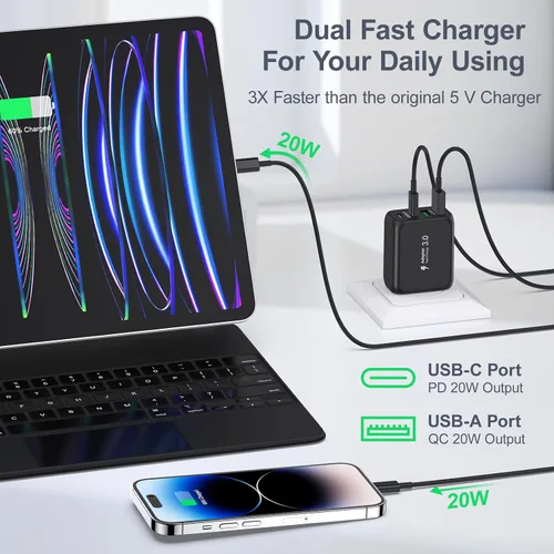 Vista 4 de Bloque de cargador USB, 40 W, 4 puertos, doble QC+PD3.0, bloque de carga rápida, adaptador de corriente USB C, enchufe de pared para iPhone