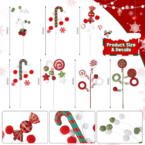 Vista 3 de Lyrow 10 Piezas Púas de Árbol de Dulces de Navidad de 14 pulgadas - Rojo, Verde, Blanco - Estilo Clásico - Navidad, Otoño, Invierno, Todo el Año