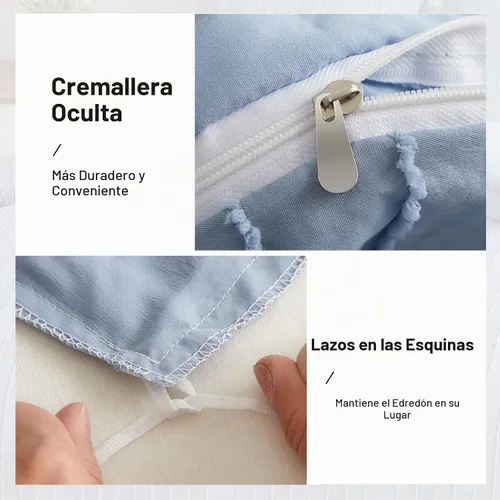 Vista 5 de WARMDERN Juego de funda de edredón a rayas azules, ropa de cama con textura bohemia acolchada con mechones, 2 piezas tamaño Twin de microfibra