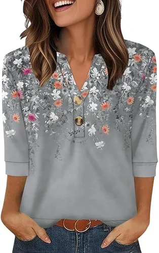 Vista 34 de OFEEFAN - Camisetas de manga 3/4 estilo Henley para mujer, blusas de moda de otoño 2025, atuendos escolares para maestras Raya