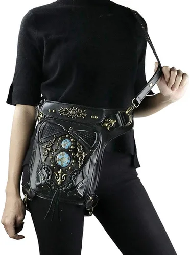 Vista 6 de Riñonera gótica de cuero steampunk con cadena bolsa cruzada para el hombro bolsa de cadera Negro