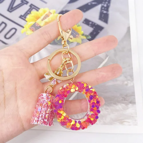 Vista 5 de LAXPICOL Llavero naranja rosa de la A a la Z para mujer, monedero, bolso de mano, mariposa, rosa, lentejuelas de resina, alfabeto, letra inicial