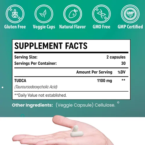 Vista 5 de TUDCA Suplemento de apoyo hepático de 1100 mg para limpieza desintoxicante, sales biliares solubles en agua con fuerte sabor amargo, 60 cápsulas