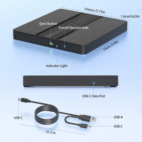 Vista 5 de Unidad externa ultrafina de CD y DVD con cable extralargo de 31.5 pulgadas